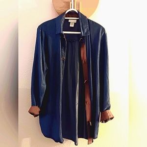 Soft Surroundings Chambray Denim and suede Tunic front toggle closure .